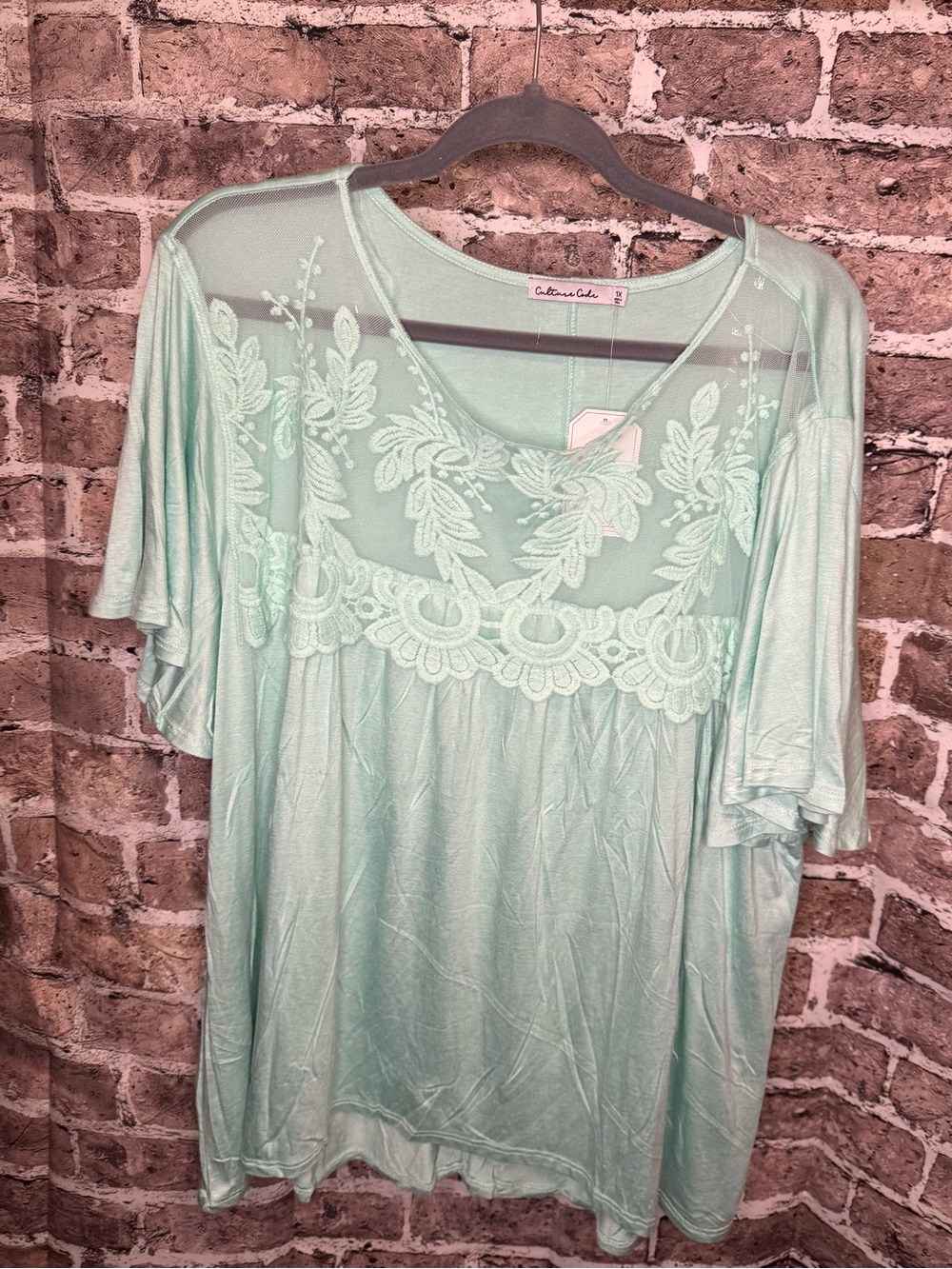 Culture Code Mint Green Lace Yoke Top